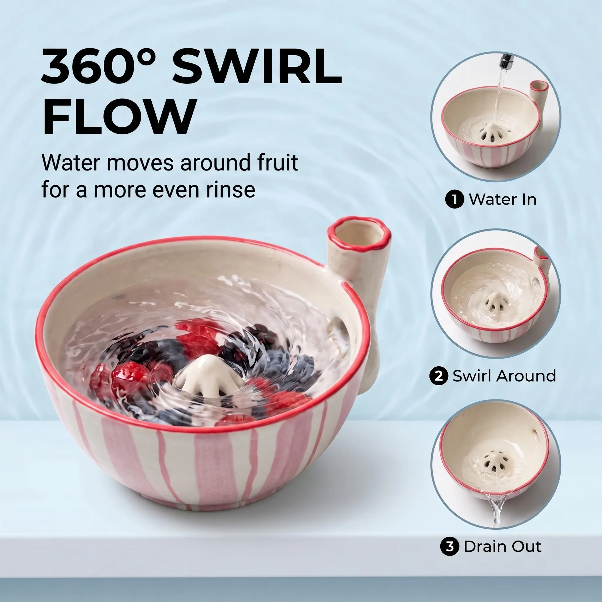 Ceramic Berry Bowl Fruit Washer, Fruit Washing Bowl, Automatic 360° Rotation, Rotating Food Bowls, Multi-Functional Cleaning Bowl, Modern Style, Perfect for Fruits and Vegetables