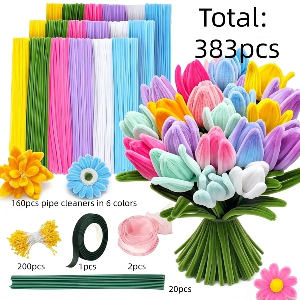 383pcs Colorful Bouquet Handmade Set | Pipeline Cleaner Flower Material Making with Tutorial Video, including purple, pink, blue, and gold sherry colored stems, suitable for birthdays, Mother's Day, graduation ceremonies, Valentine's Day gifts, and handic