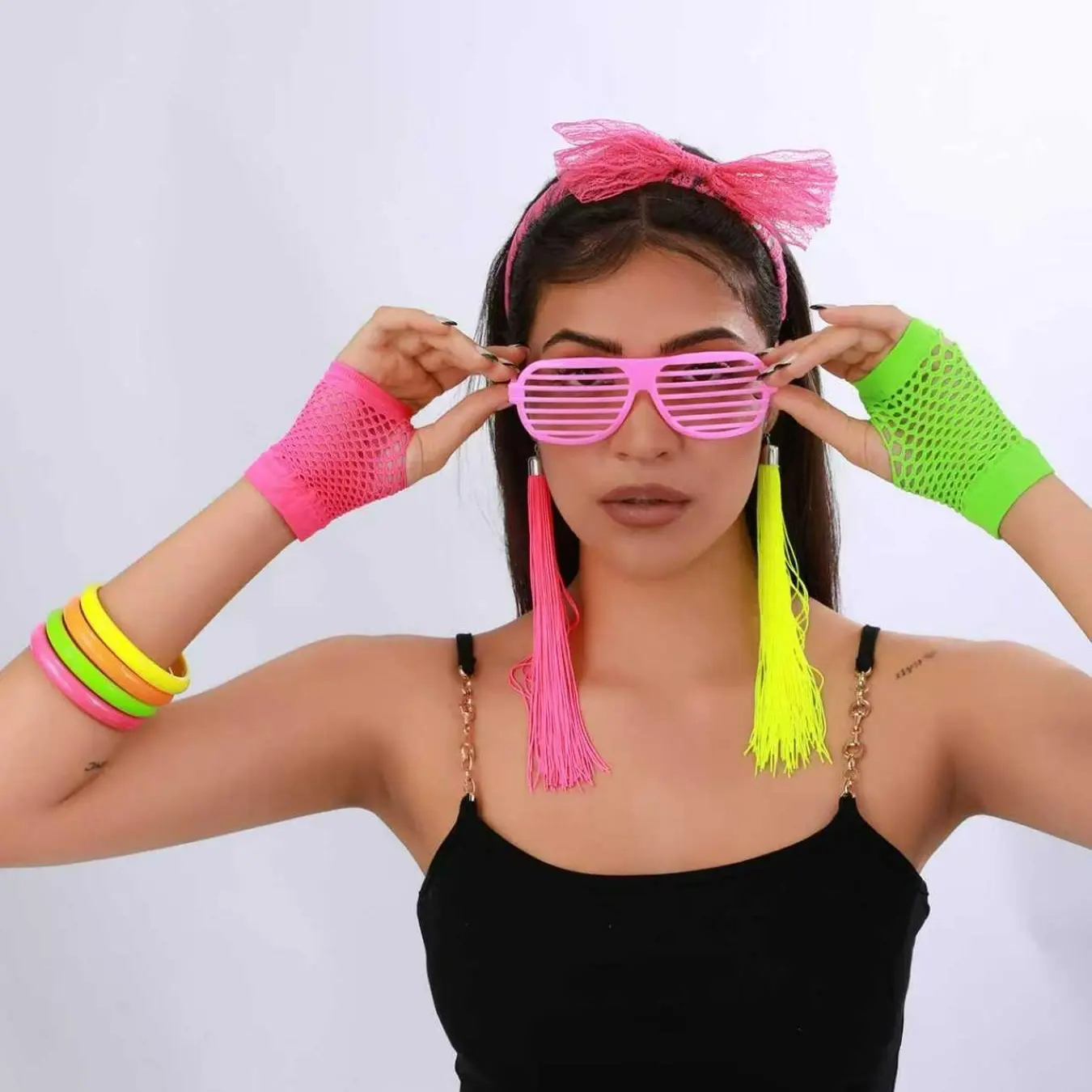 80s Retro Neon Party Costume Set, Includes Headband, Venetian Mask, Fishnet Gloves, Fringe Earrings, Neon Bracelet, Perfect for Theme Parties