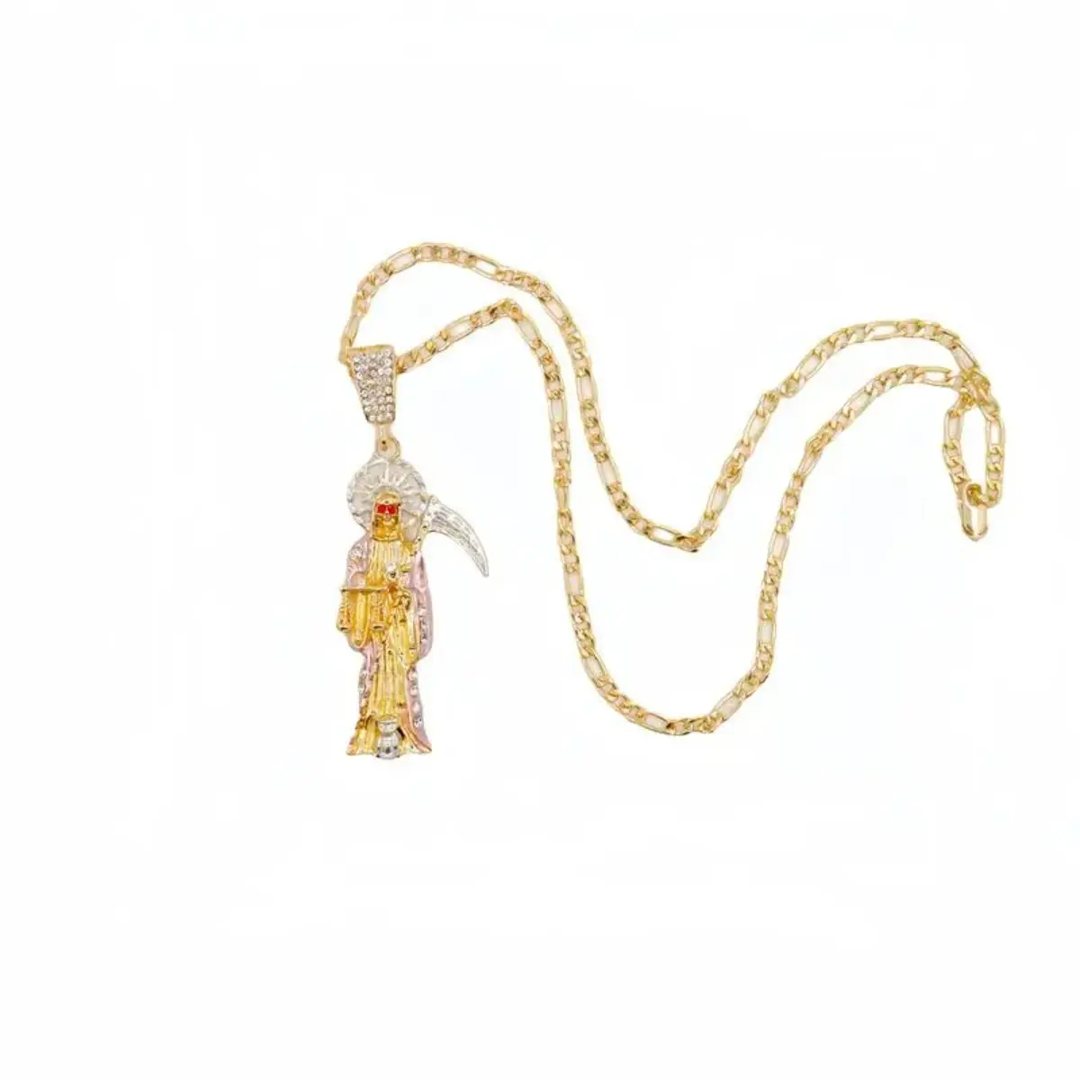 Statement Pendant Necklace with Santa Muerte & St. Jude Religious Dual Pendant, Unisex Figaro Chain with Detailed Charms, Daily Wear Durable Fashion Accessory Fashionable Accessory Religious Symbol Jewelry Faith Pendant