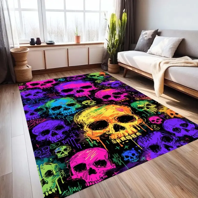 Neon Skull Area Rug, Graffiti Street Art Carpet, Non-Slip Machine-Washable Floor Rug for Bedroom Gaming Room Living Room, Cool Neon Glow Decor