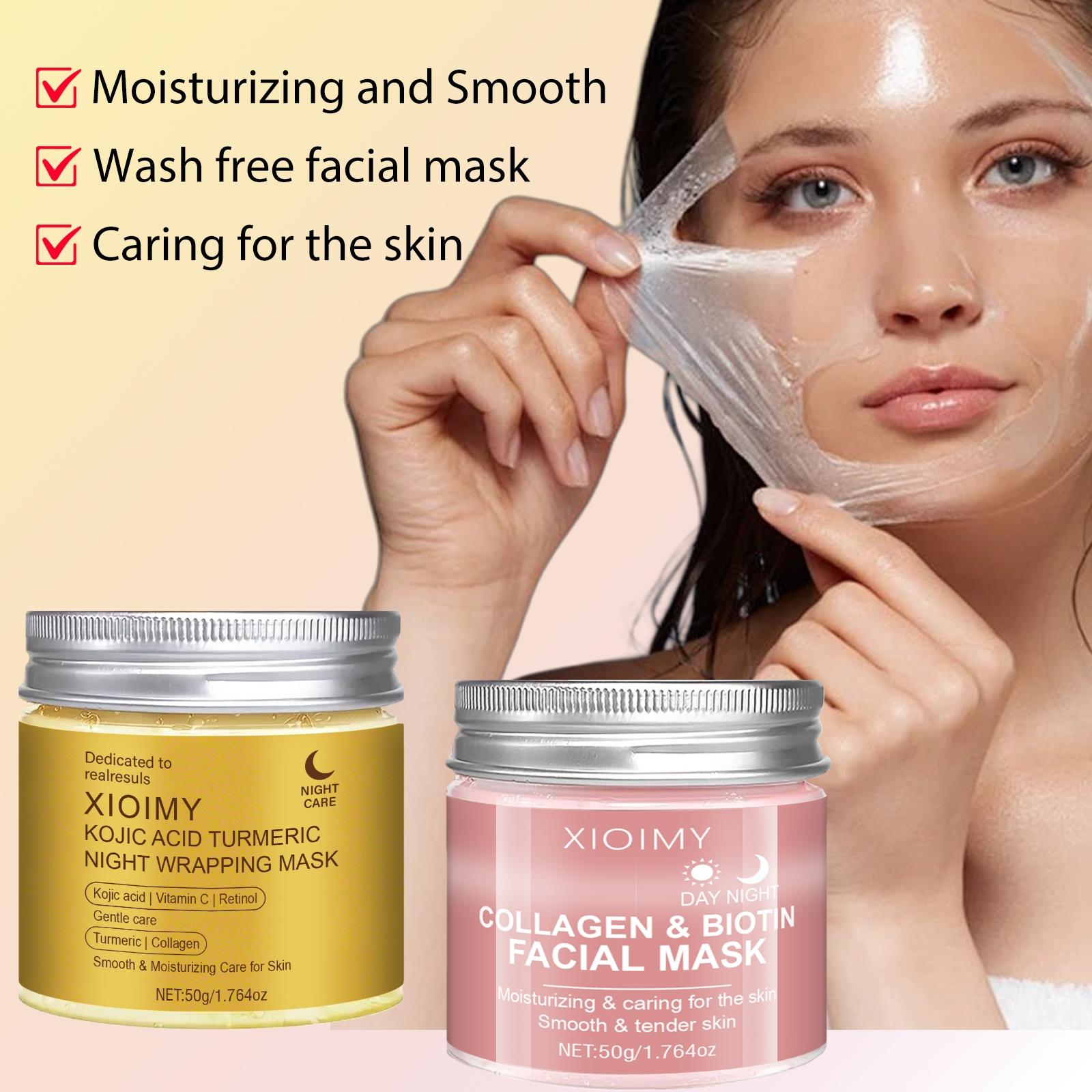 2pcs Collagen Face Mask Biotin Kojic Turmeric Night Day Mask Set, Rich in Collagen Essence, Hydrating & Smooth Skin, Adds Vitality & Glow, Moisturizing Beauty Mask, Gel Mask, Facial Mask, Collagen Masks