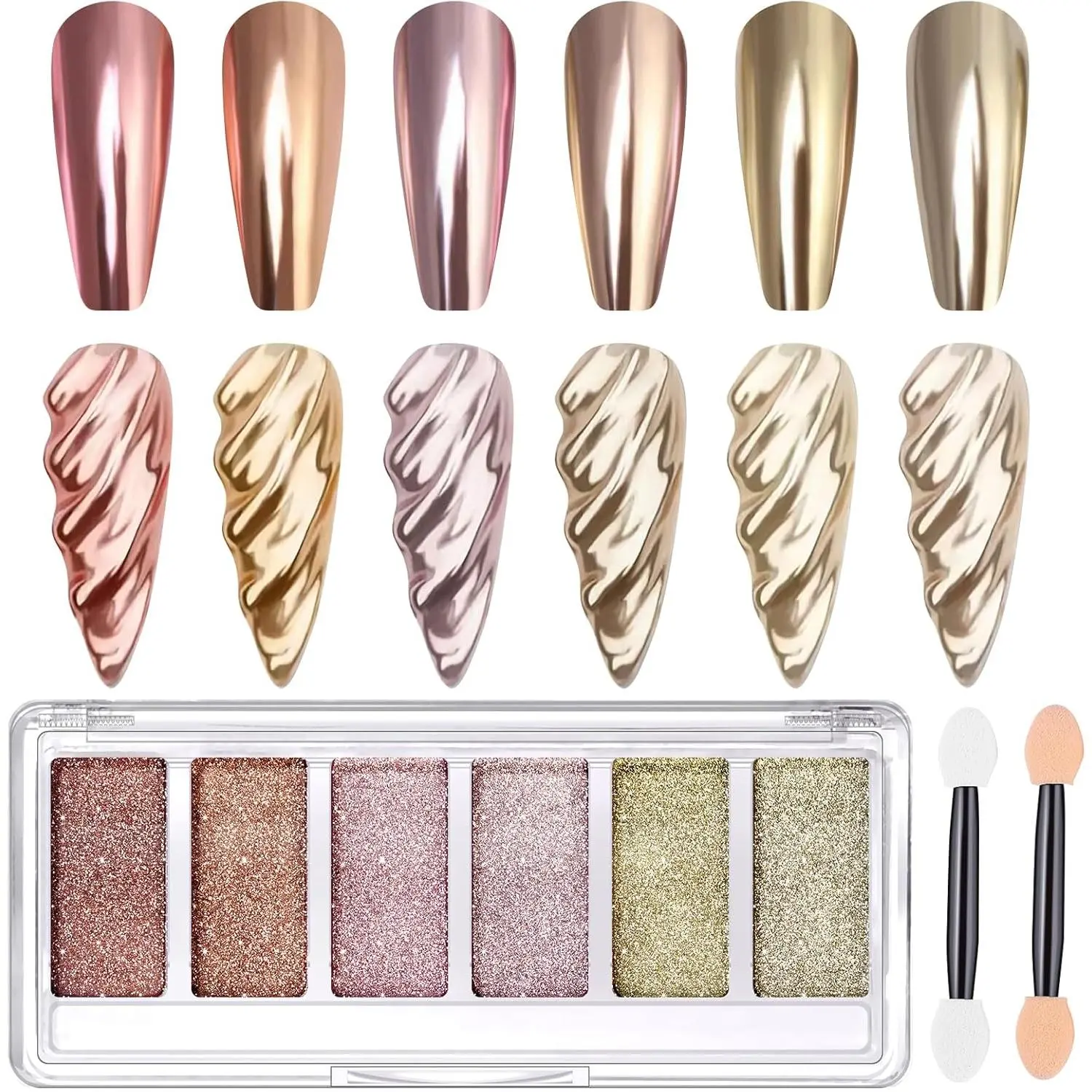 Gold Chrome Nail Powder, 6 Colors Metallic Mirror Effect Pink Champagne Nail Chrome Powder, Rose Gold Light Purple Chrome Powder for Nails Pigment Glitter Dust with Applicator for Salon DIY springtok