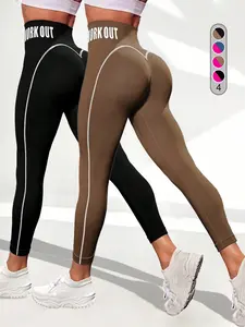 Women's High Waist Sporty Yoga Pants, Striped Letter Design, Tight-Fit Activewear for Running & Fitness, Essential Gym Wear, Gym Legging