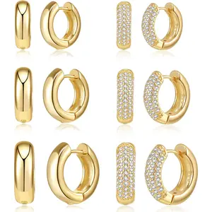 6 Pairs Chunky Small  Hoop Earrings Set for Women Men 14K  Plated Dainty  Cz  Hoops Huggie Earring Stack for Mutliple  Ear Cuff Cartilage Earrings  Gifts