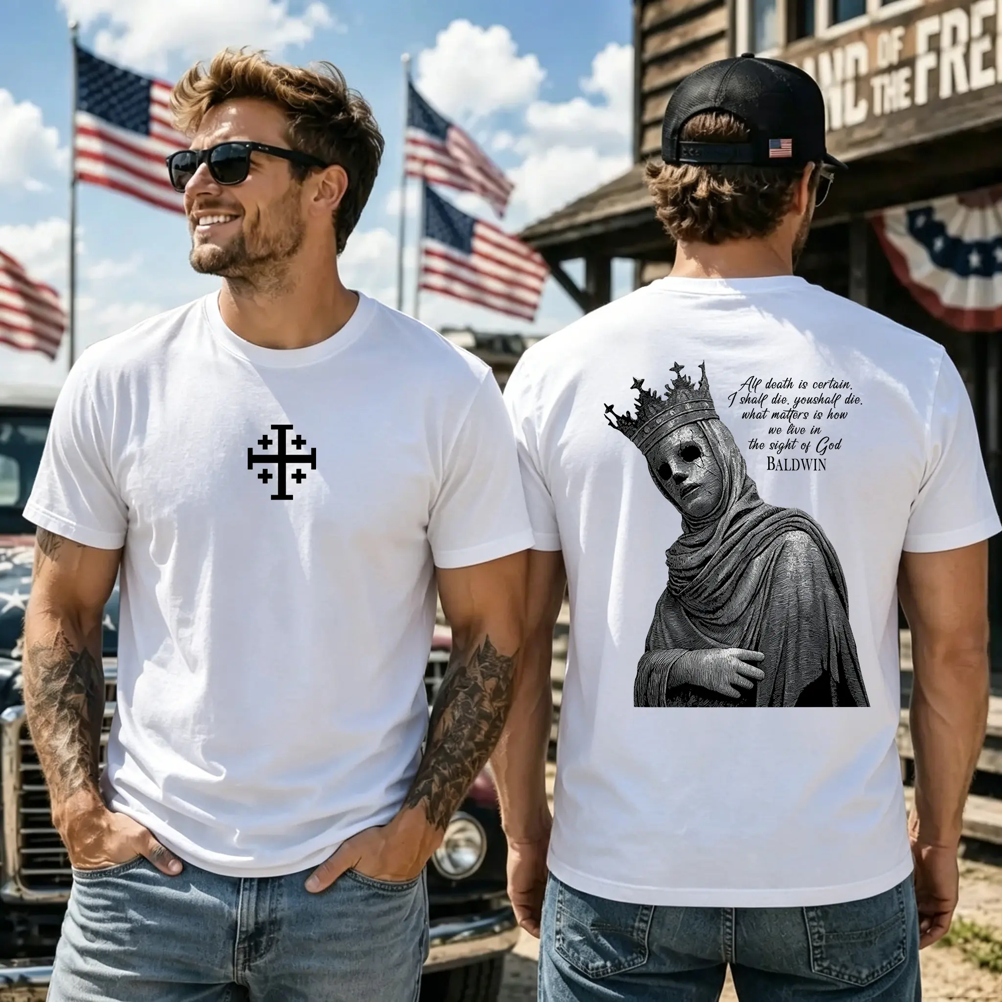 Crusader Baldwin IV Graphic T-Shirt, Retro Menswear Streetwear Top with a Loose Fit, Shortsleeve Round Neck in Premium Fabric, Unisex, Clothes, Casual, Breathable, Crew Neck, Outfits, Relaxed Fit, Print, Unisex Sizes, Cotton, Short Sleeves, Lightweight