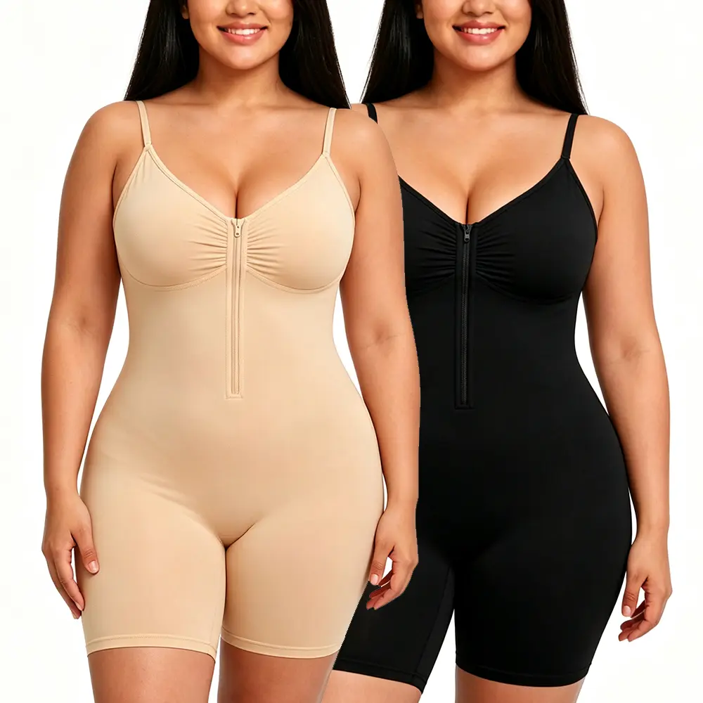 Women Compression Shapewear Tummy Control V Neck Bodysuit Seamless Full Body Shaper Zip-Up Mid-Thigh Butt Lifter Adjustable Shoulder Strap Cami Top Invisible Tank Top Open Crotch customizable fit breathable mesh design faja premium