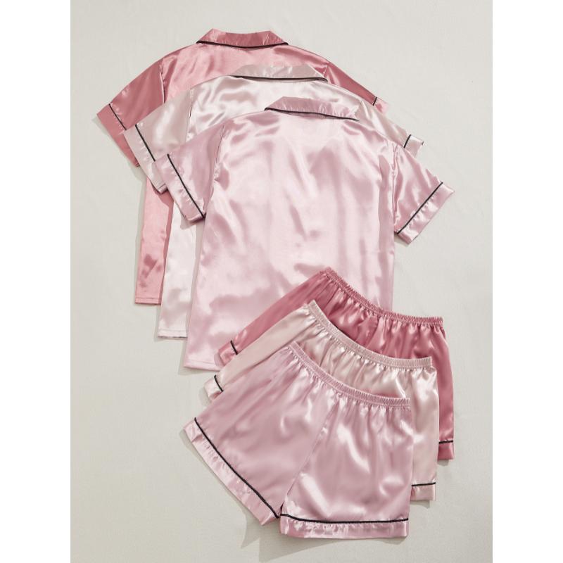 3 sets 3-Piece Satin Pajama Set for Women: Short Sleeve Lapel Top & Elastic Waistband Shorts Loungewear Nightwear Casual Fabric