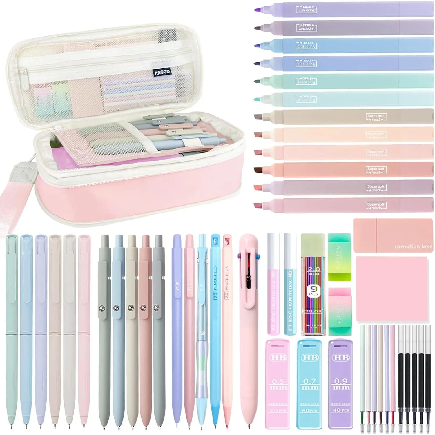 54 count Aesthetic School Supplies Set with Large Pastel Pencil Case 12  Tip Highlighters, 6 Gel Pens, 5 Black Pens, 5 Mechanical Pencils (0.5-2.0mm) for Students Stationary College Essentials Gifts