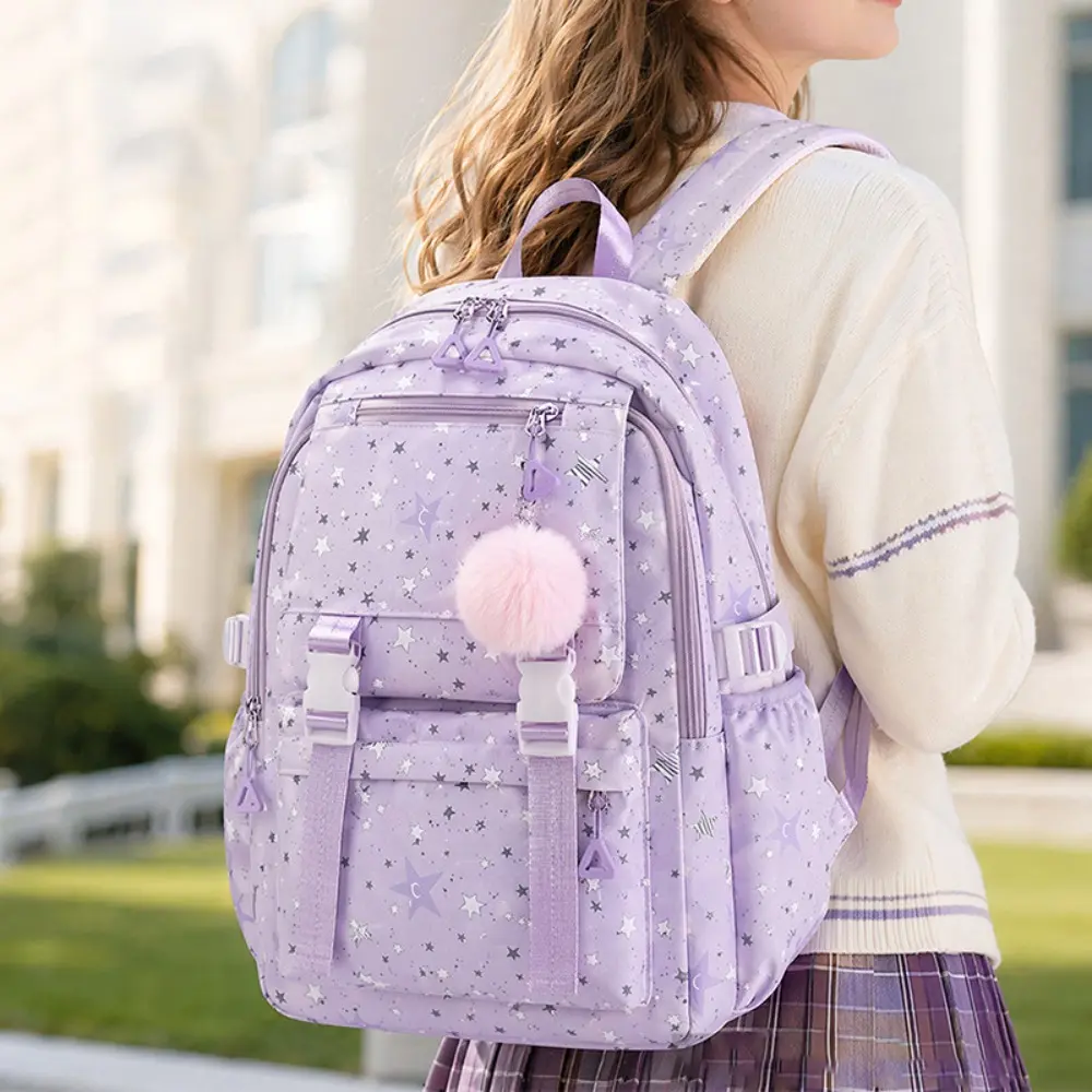 Preppy Retro Purple Star Print Backpack for Teen Girls - Large Capacity Multi-Pocket Water-Resistant Lightweight Rucksack with Fluffy Pom Pom Pendant, Backpacks for School Travel Daily College Use