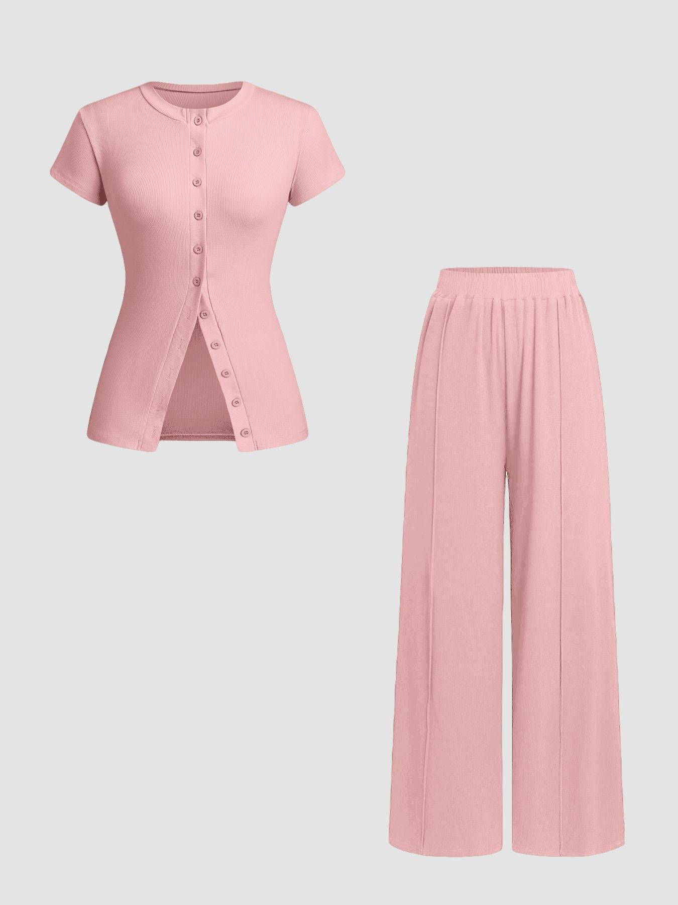 Women's Solid Color Knit Button Front Fitted Top & Wide Leg Pants, Casual Two-piece Set for Daily Wear, Ladies Clothes for All Seasons