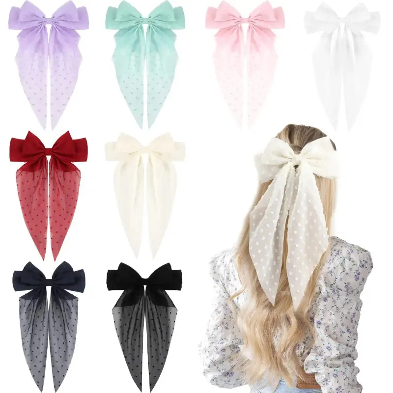 8Pcs Big Tulle Layered Hair Bows for Women Girls 8 Inch Barrette Hair Clip Long Black Gauze Bows French Style Hair Accessories (Big tulle bow)