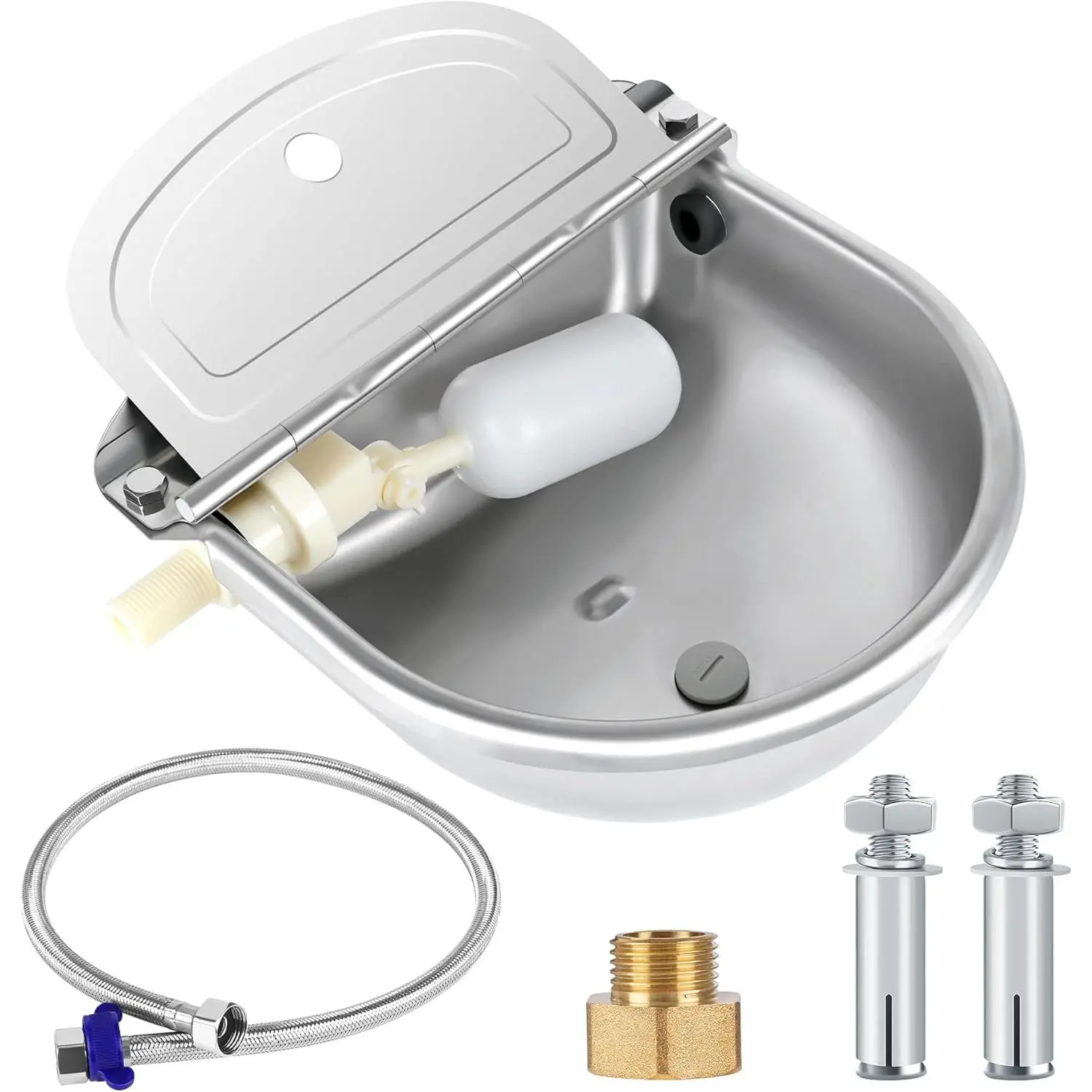 Stainless Steel Automatic Animal Waterer with Adjustable Float Valve, 3/4" Hose Installation, Water Control, Drainage Hole – Outside Livestock Feeder Bowl for Dogs, Horses, Goats, Auto Fill
