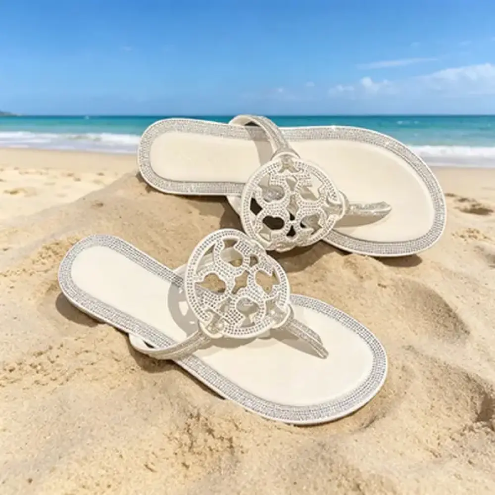 Women's Fashionable Outdoor Flipflop Sandals - Sparkling Rhinestone Cutout Thong, Hollow Logo, Comfortable Beach & Daily Wear Sports Footwear, Fashionable Sandals, Shoe, Crystal Slides, Backless Sandals