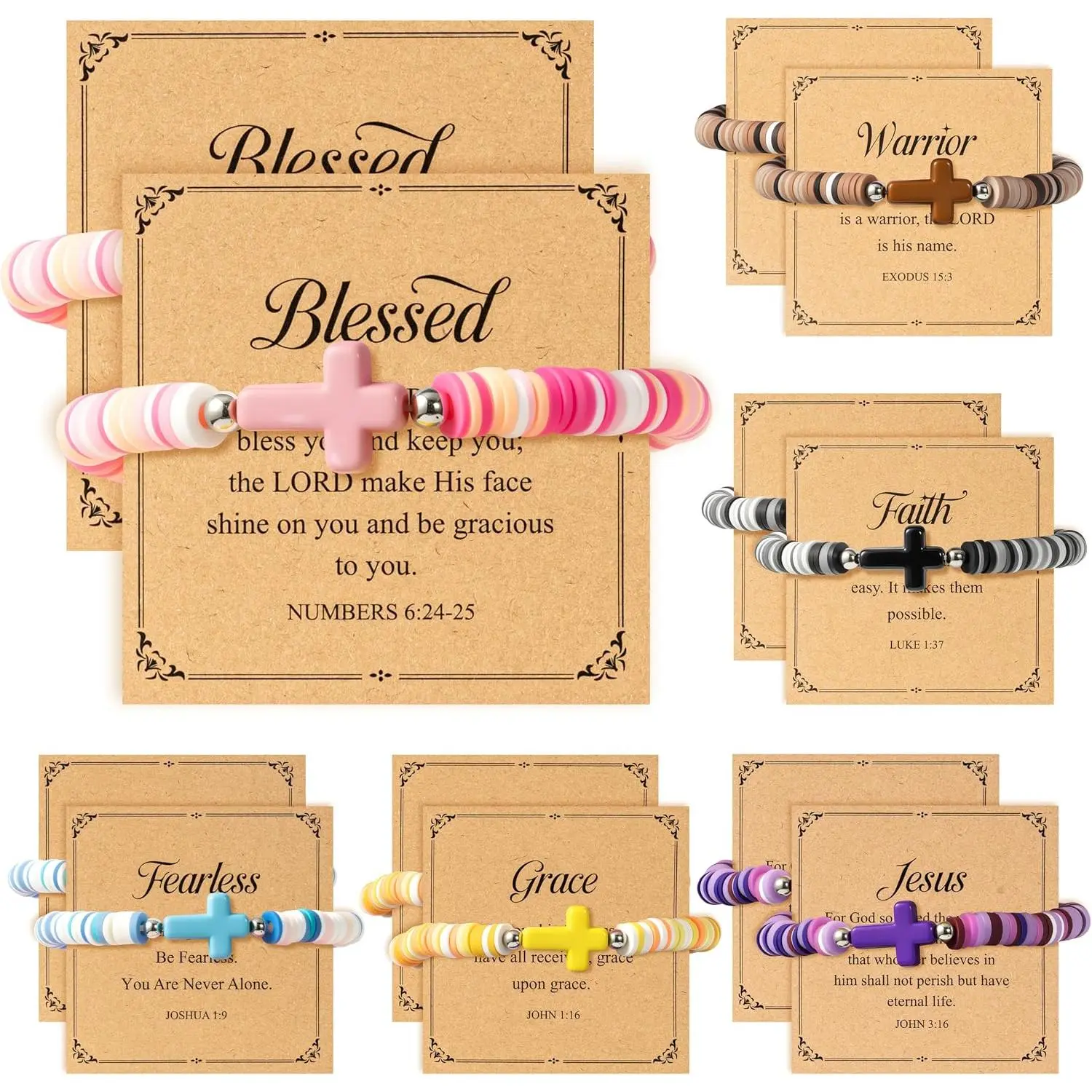Faith Bracelets Bulk - 12 count Easter Spring  Christian Religious Polymer Clay Beaded Wristbands with  Verse Card, Inspirational Elastic  Gifts for Women