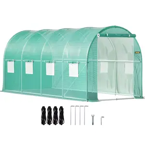 【DealsForYouDays】VEVOR Walk-in Tunnel Greenhouse, 15x 7x 7 ft Portable Plant Hot House with Galvanized Steel Hoops, 1 Top Beam, Diagonal Poles, Zippered Door 8 Roll-up Windows, Green