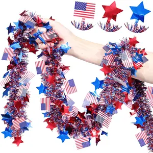 50FT Red White Blue Star American Flag Glitter Tinsel Patriotic Garland for Independence Day Memorial Day Indoor Outdoor Home Party Classroom Decor