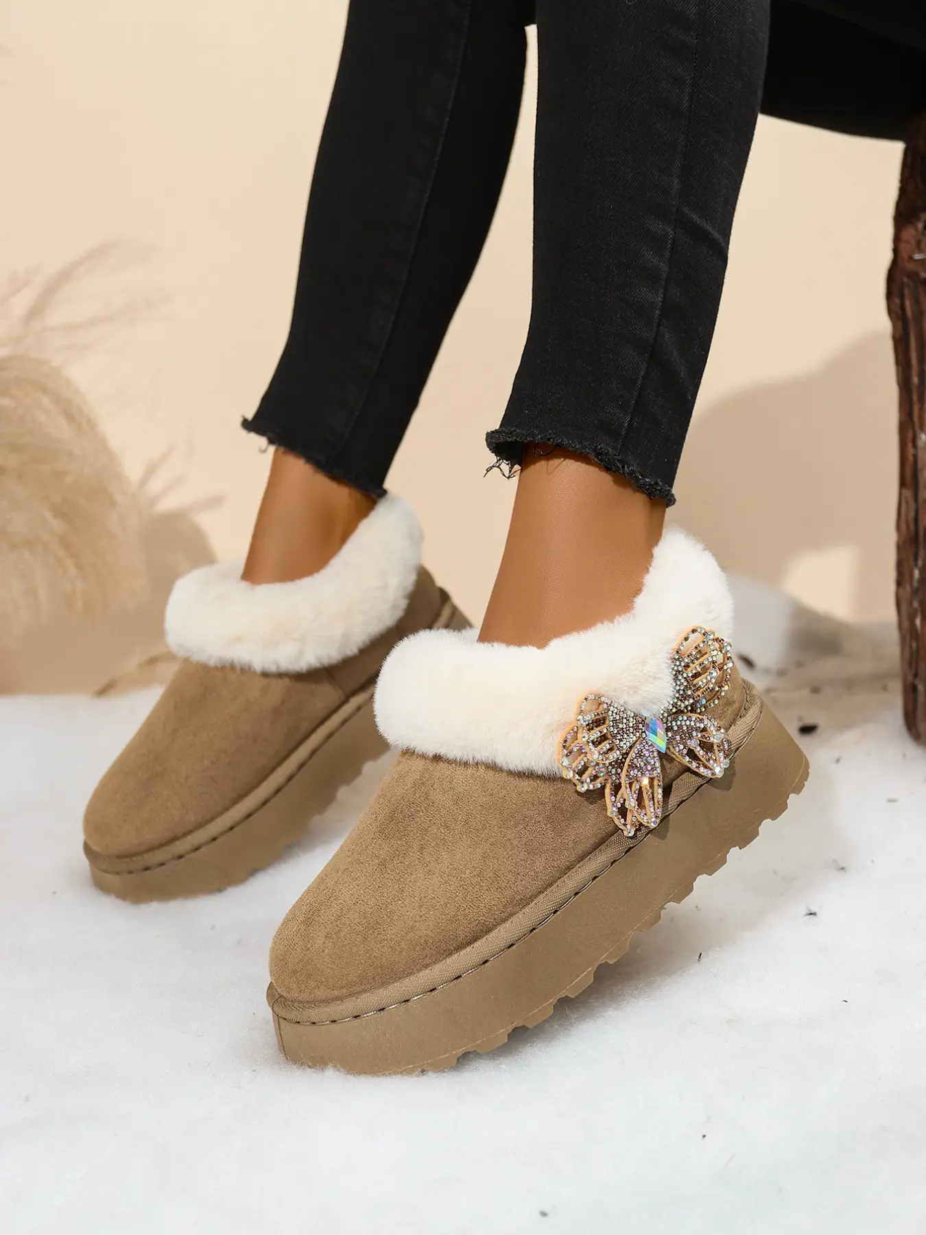 English: Women Rhinestone Butterfly Platform Snow Mules Fluffy Faux Fur Collar Slip On Faux Suede Warm Winter Ankle Slipper Boots