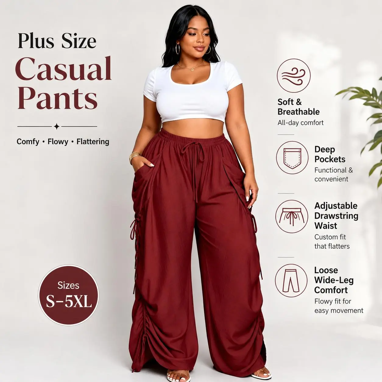 Women Plus Size Drawstring Wide Leg Casual Pants S-5XL, Lightweight Skin-Friendly Breathable Flowy Trousers with Side Pocket & Ruched Detail, Loose Slimming Draped Palazzo Pants for Daily Streetwear Vacation Loungewear All Day Comfort