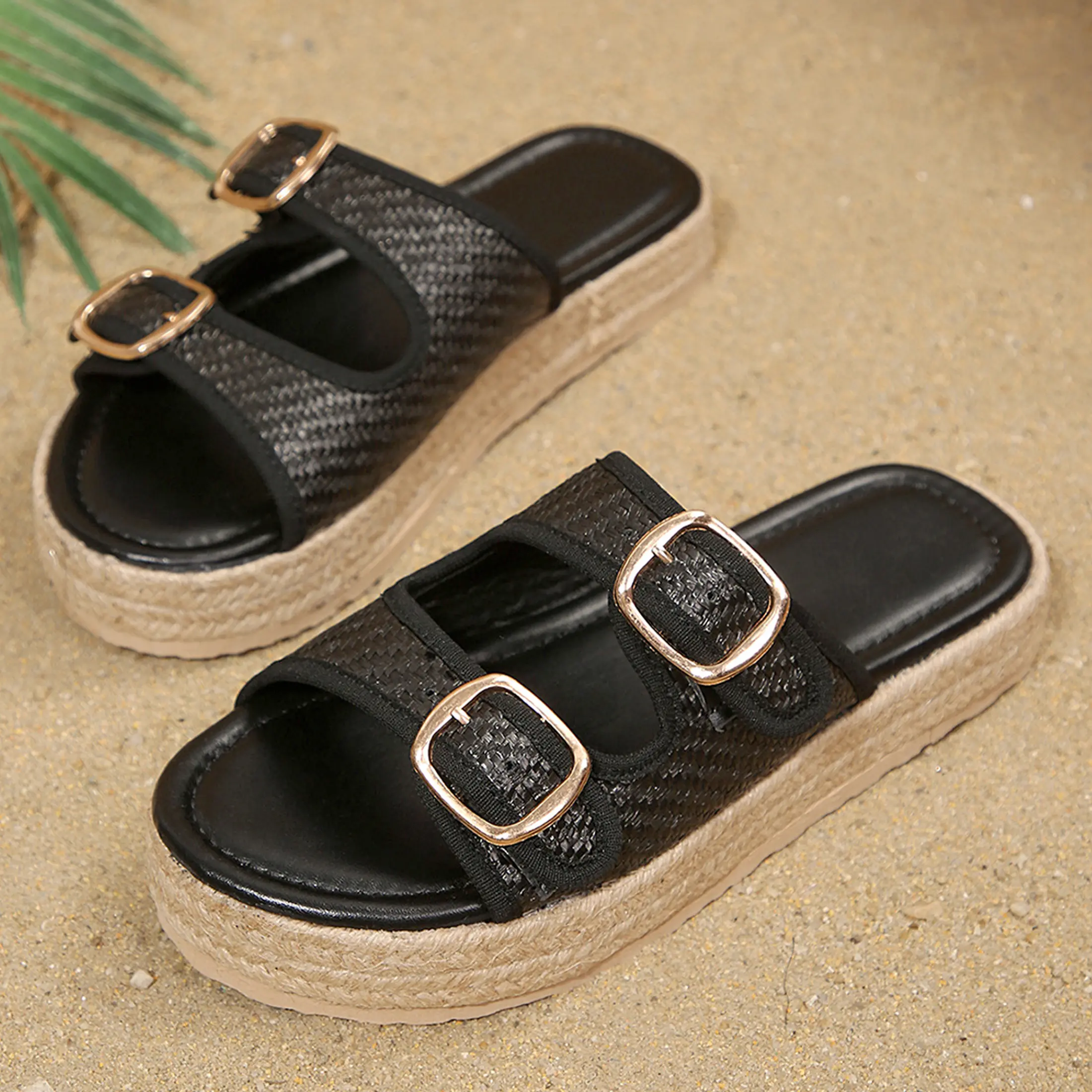 Women's Platform Slide Sandals Women Open Toe Espadrille Flatform Sandals with Double Buckle Strap Beach Vacation Shoese