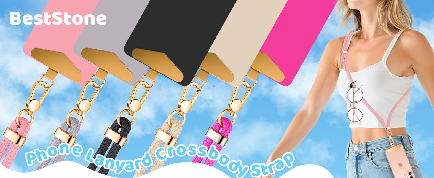 Crossbody Phone Lanyard Strap with 2 Tether Tabs (Nylon Pad + Metal Plate), Adjustable Cell Phone Lanyard