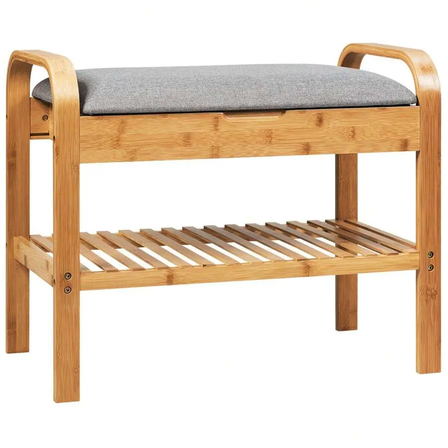 Shoe Rack Bench Bamboo W/Cushioned Seat&Storage Shelf Padded Seat Shoe Bench,house,decor,