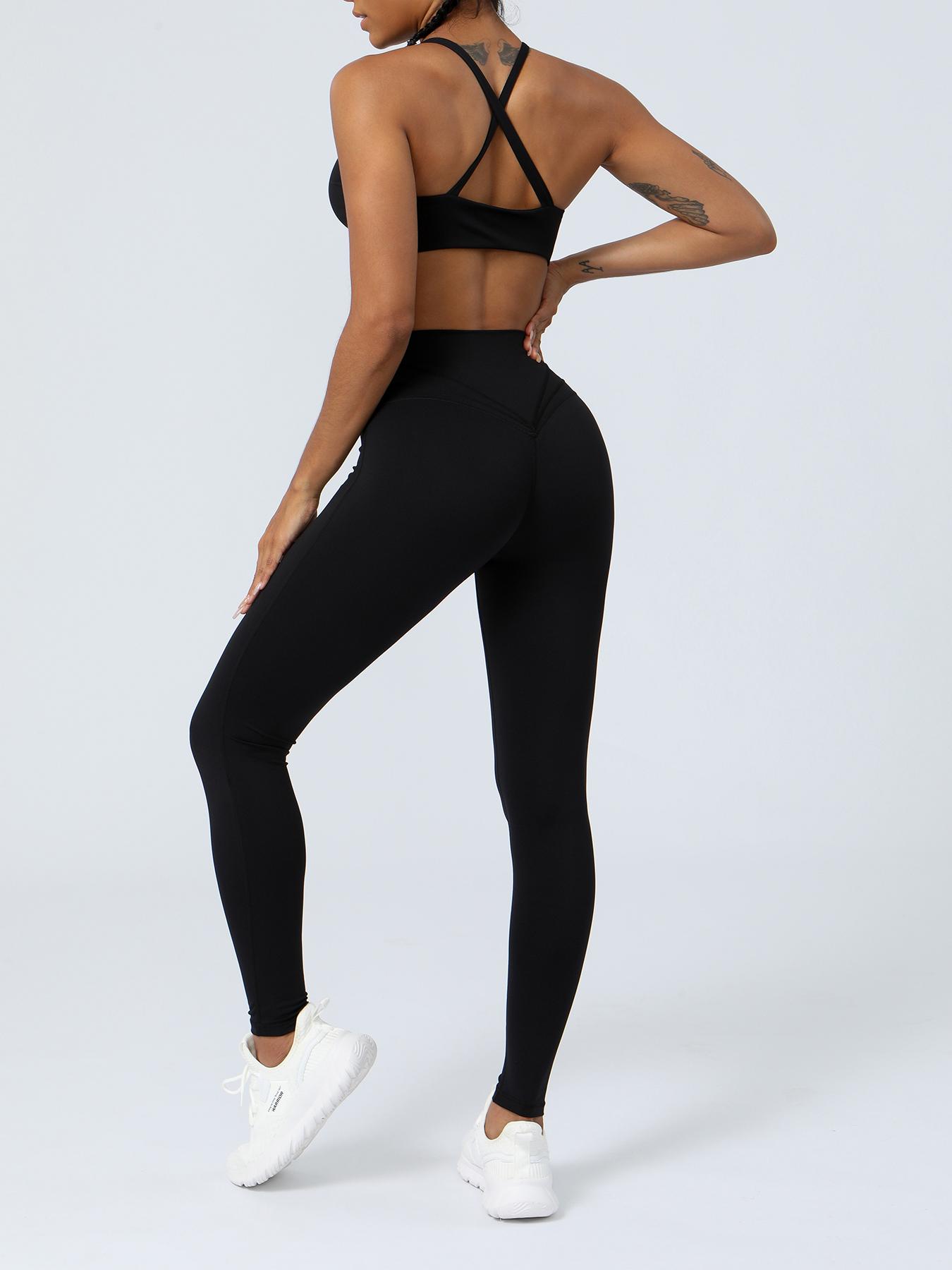 Women's Solid Criss Cross Back Crop Sports Bra & High Waist Leggings Tracksuit Set, Sporty Casual Breathable Outfits for Yoga Gym Workout Running, Ladies Sportswear for All Seasons Workout Running Clothes