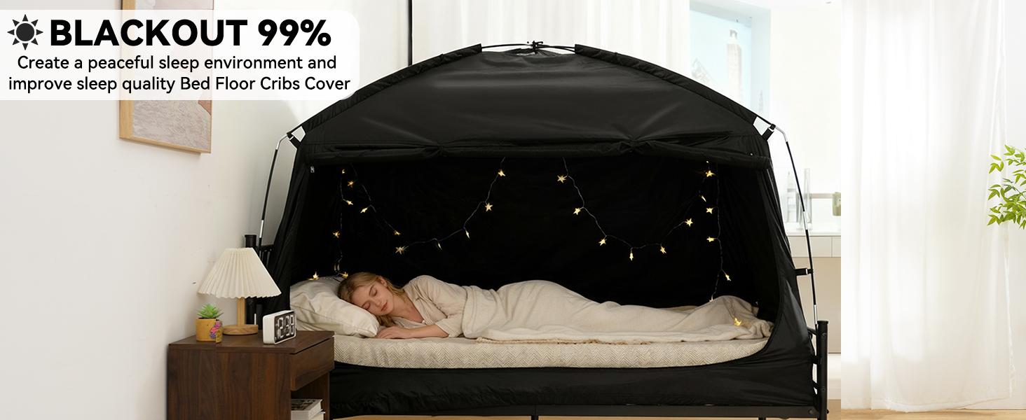 Twin Bed Tent for Adult and Kids, Blackout Bed Tents Reduction 99% Sleeping Tents for Indoor, Tent with Star Light & Bag Breathable Private with 3 Doors