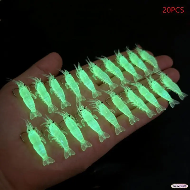 Soft Plastic Glow Fishing Lures Set, 20PCS Realistic Shrimp Baits with Hooks for Bass Fishing, Trout Fishing, Saltwater & Freshwater Night Fishing, Durable High Attraction Fishing Gear