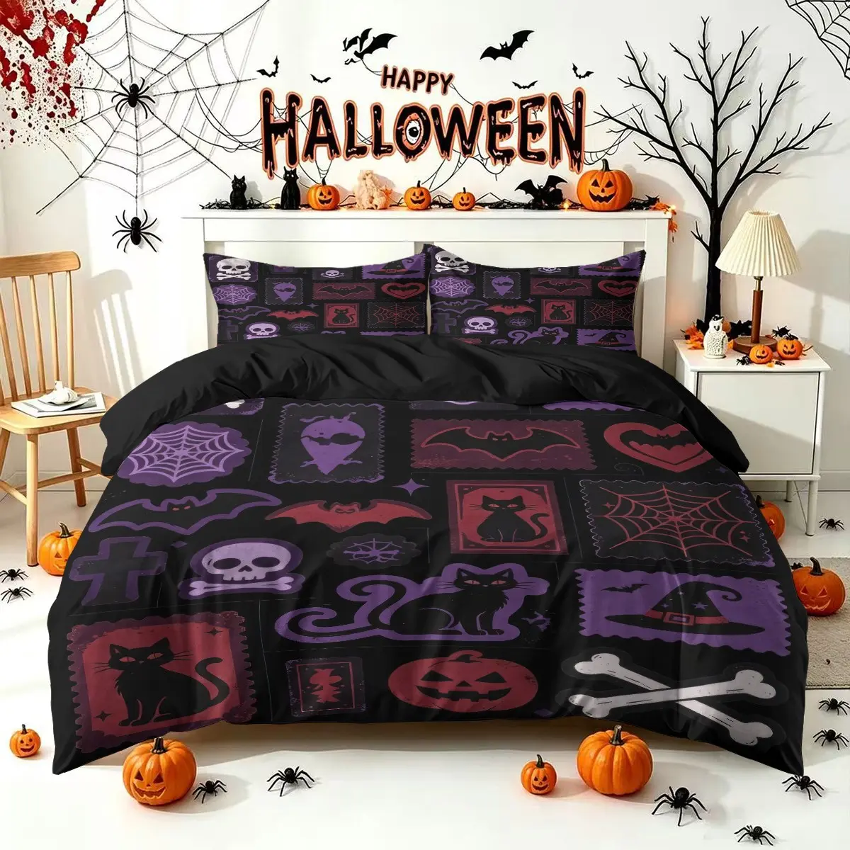 2/3Pcs Halloween Themed Digital Printed Duvet Cover Set, Vintage Stamp Patchwork Pattern Bedding Set, Includes（ 1 Duvet Cover + 1/2 Pillowcase, No Fillers）, Soft Skin‑Friendly, Machine Washable, Festive Vibe Home Decor Bedding Set