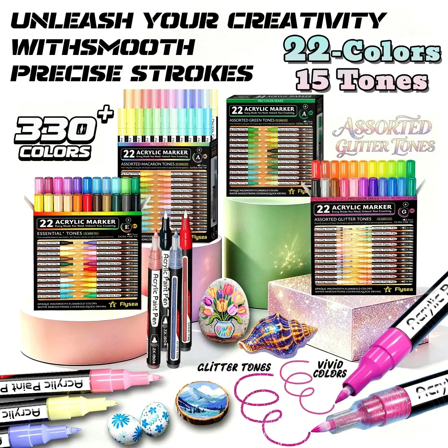 Flysea Acrylic Marker Pens Set, 22 Pieces, 15 Color Shades, Fine Tip 0.7mm, Quick Dry, Stain Resistant, Ideal for Art & Craft Projects