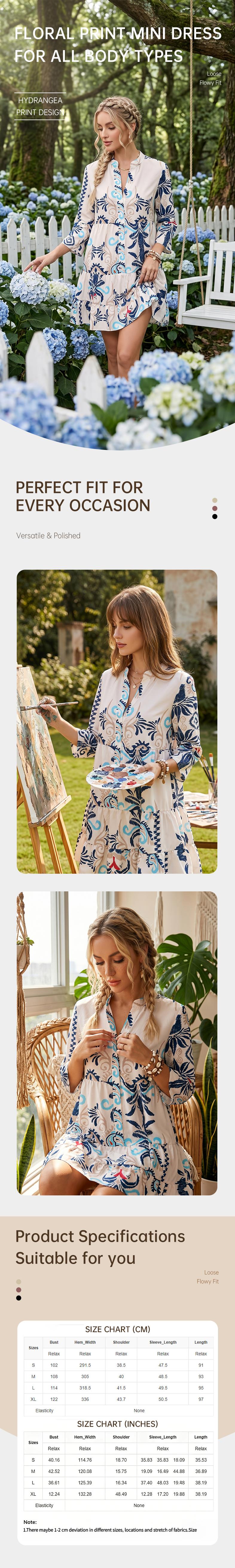 Summer Dresses for Women 2026 Flowy Ruffle 3/4 Sleeve V Neck Tiered Casual Babydoll Boho Beach Mini Dress