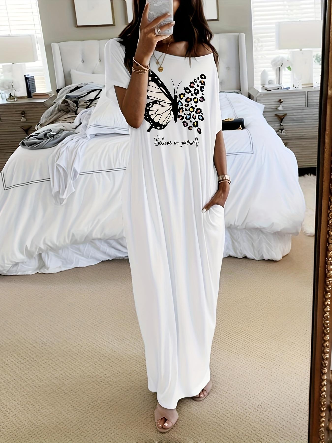 Women's Butterfly Print Round Neck Nightdress, Casual Soft Comfortable Short Sleeve Nightgown for Daily Wear, Ladies Sleepwear for All Seasons, Casual Comfy Nightdress