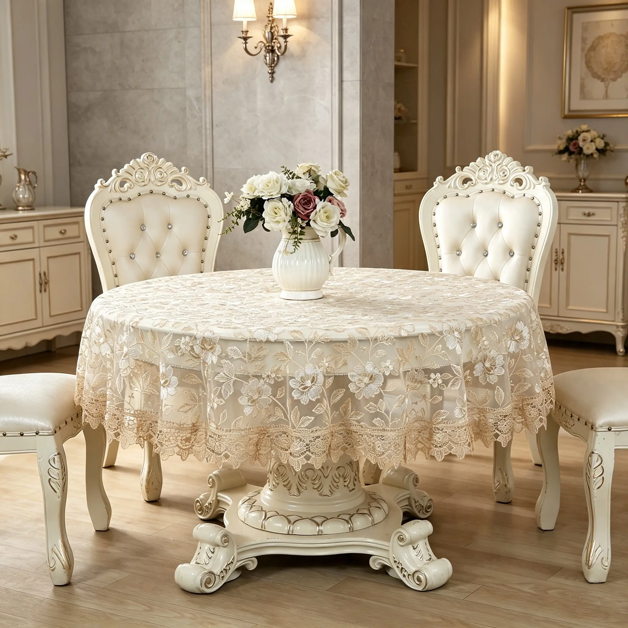 French Champagne Floral Embroidered Lace Tablecloth, Transparent Sheer Round Table Cover, American Country Living Room Decor, Wedding Party Table Mat