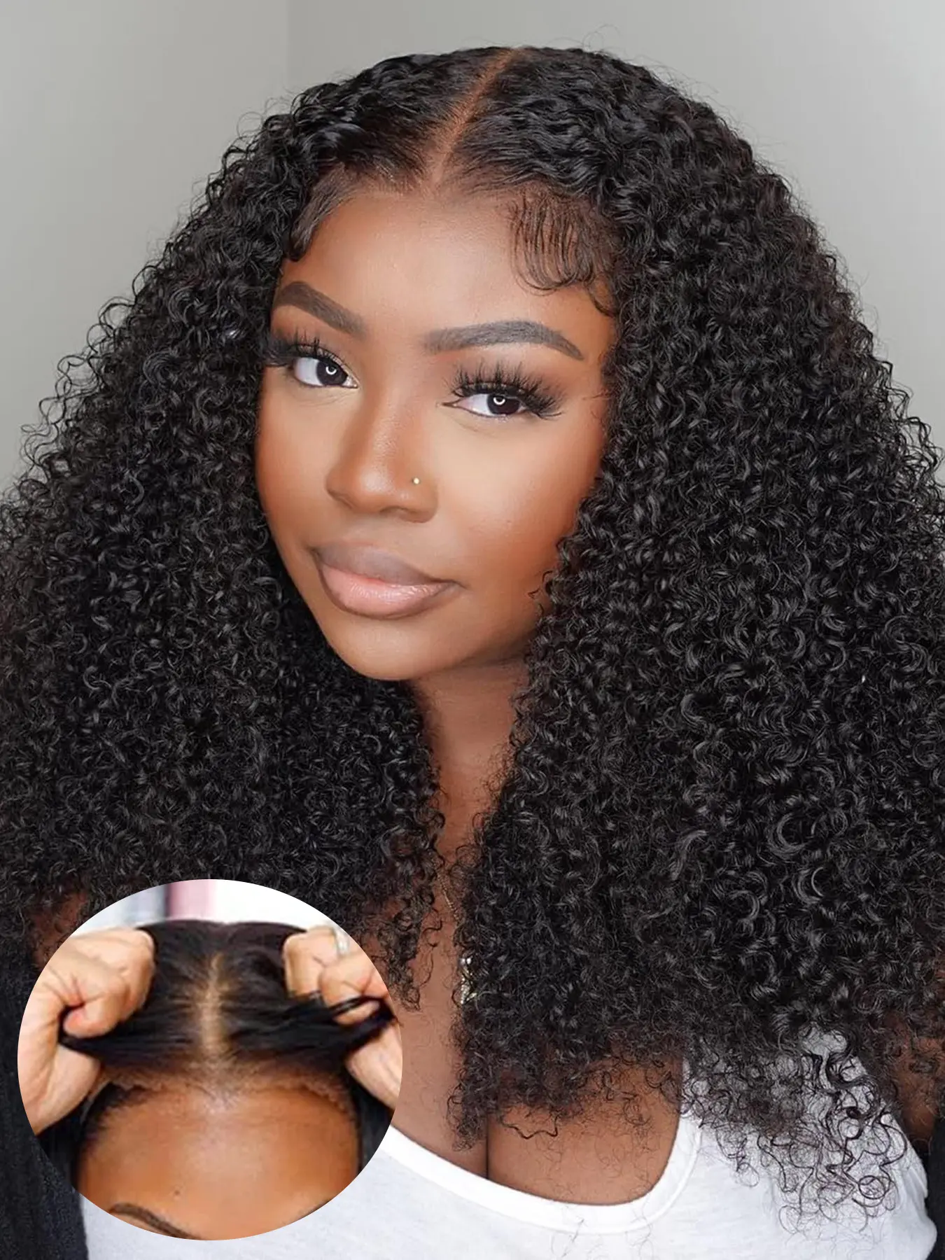 Kinky Curly Human Hair Glueless 5*5 Lace Closure Wigs, Women's Long Curly Closure Wig, Beginner Friendly Pre-Cut 5*5 Lace Base Natural Hairline, Full of Volume Long Hair Black Wigs 20-28 Inch