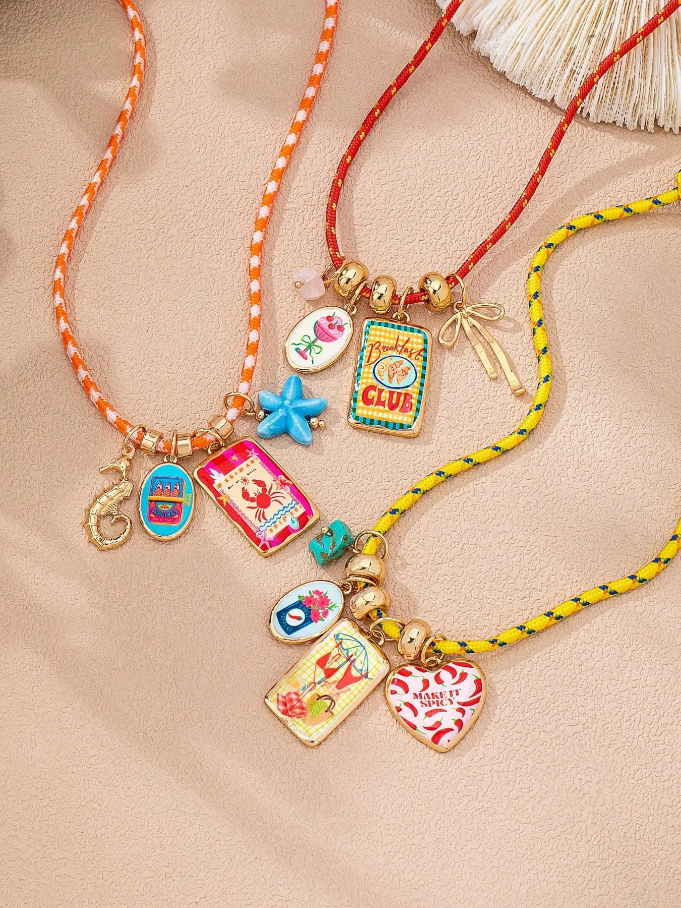 3Pcs Boho Tropical Braided Cord Hanging Neck Twist Necklaces with Colorful Enamel Charms - Starfish, Chilli, Bow, Crab & Beach Print Charm Pendant Necklaces, Colorful Summer Layered Jewelry for Women, Charm Necklace Set