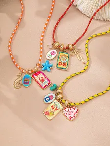 3Pcs Boho Tropical Braided Cord Necklaces with Colorful Enamel Charms - Starfish, Chilli, Bow, Crab & Beach Print Charm Pendant Necklaces, Colorful Summer Layered Jewelry for Women