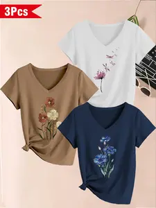 Women's 3-Pack V-Neck Short Sleeve T-Shirts, Soft Elastic Fabric, Vintage Floral Print, Comfortable Casual Top