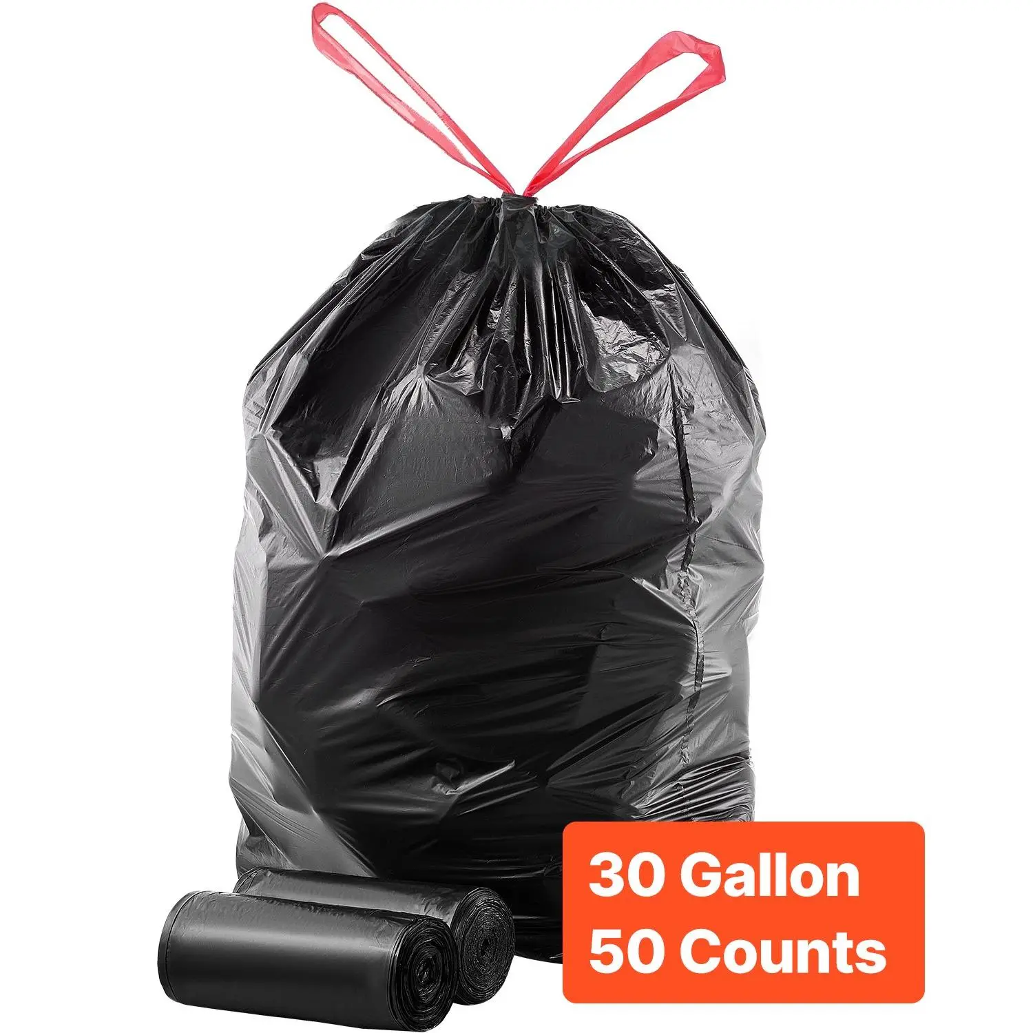 VEVOR Drawstring Trash Bags, 30 Gallon 50 Count Tall Kitchen Trash Bags, Extra Thick Tough and Durable Garbage Bag, Recyclable Bin Bag with Drawstrings, for Home Kitchen, Office, RV Camping (Black)