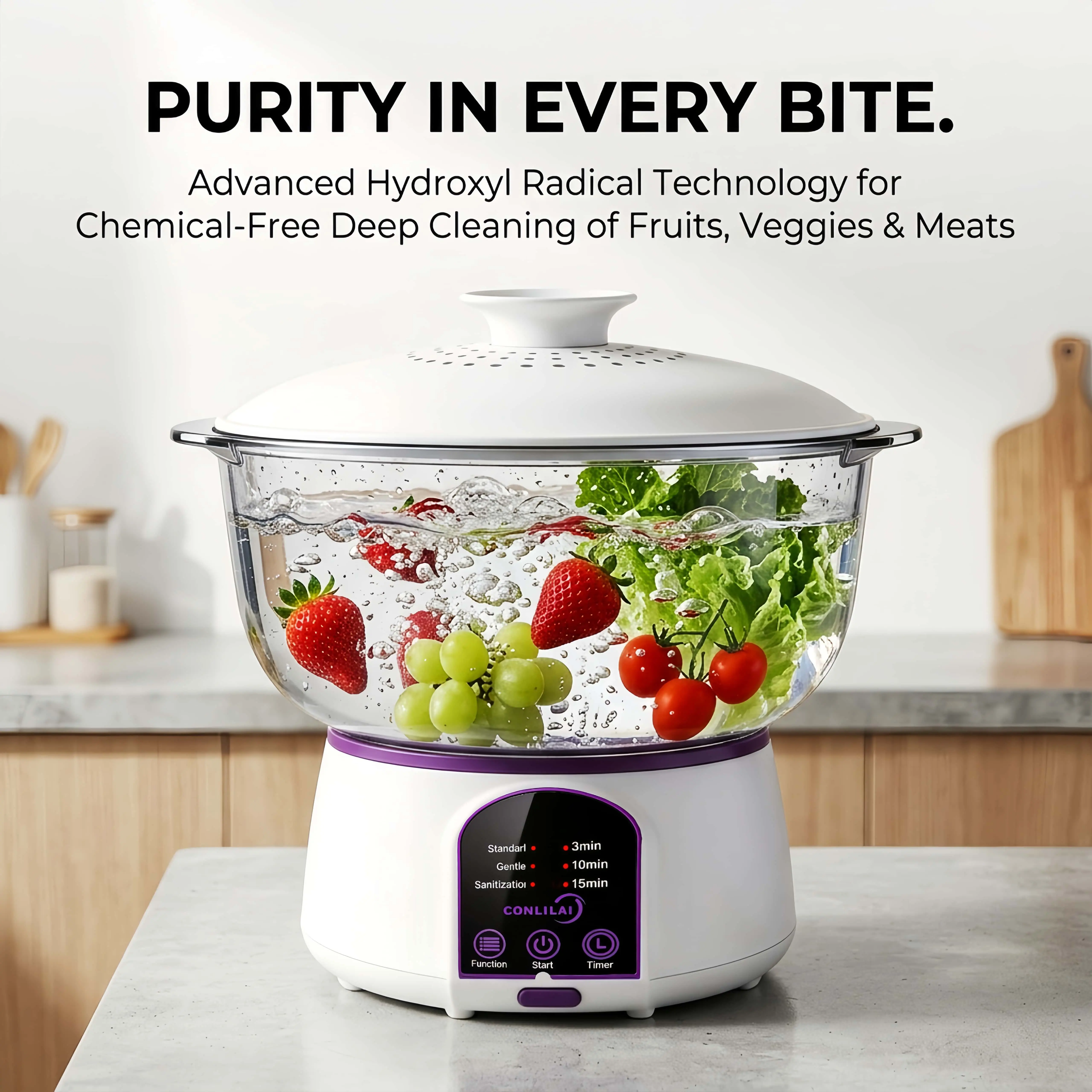 Multi-Functional Fruit & Vegetable Purifier Washer - Turbo Cleaning, Hydroxyl Radical oxidative purification technology , Dirt Removal, Residue & Odor Elimination, Ideal for Home, Camping, Travel