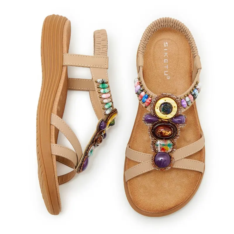Women’s Retro Bohemian Sandals - Footwear Shoe with Colorful Bead-Decor Straps, Elastic Back Strap, Soft Sole, Comfortable Flats for Beach Vacation & Daily Wear, Pu+Tpr, Casual Wear, Women's Sandals, Slip On, Walking Shoes, Handmade, Statement Shoes