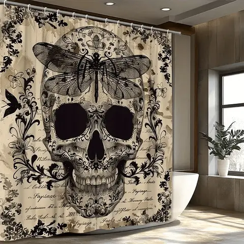 Gothic Skull Floral Decorative Shower Curtain, Easy Clean, Includes 12pcs Hooks, Bathroom Decor, Halloween Toilet Decoration, Home Decor