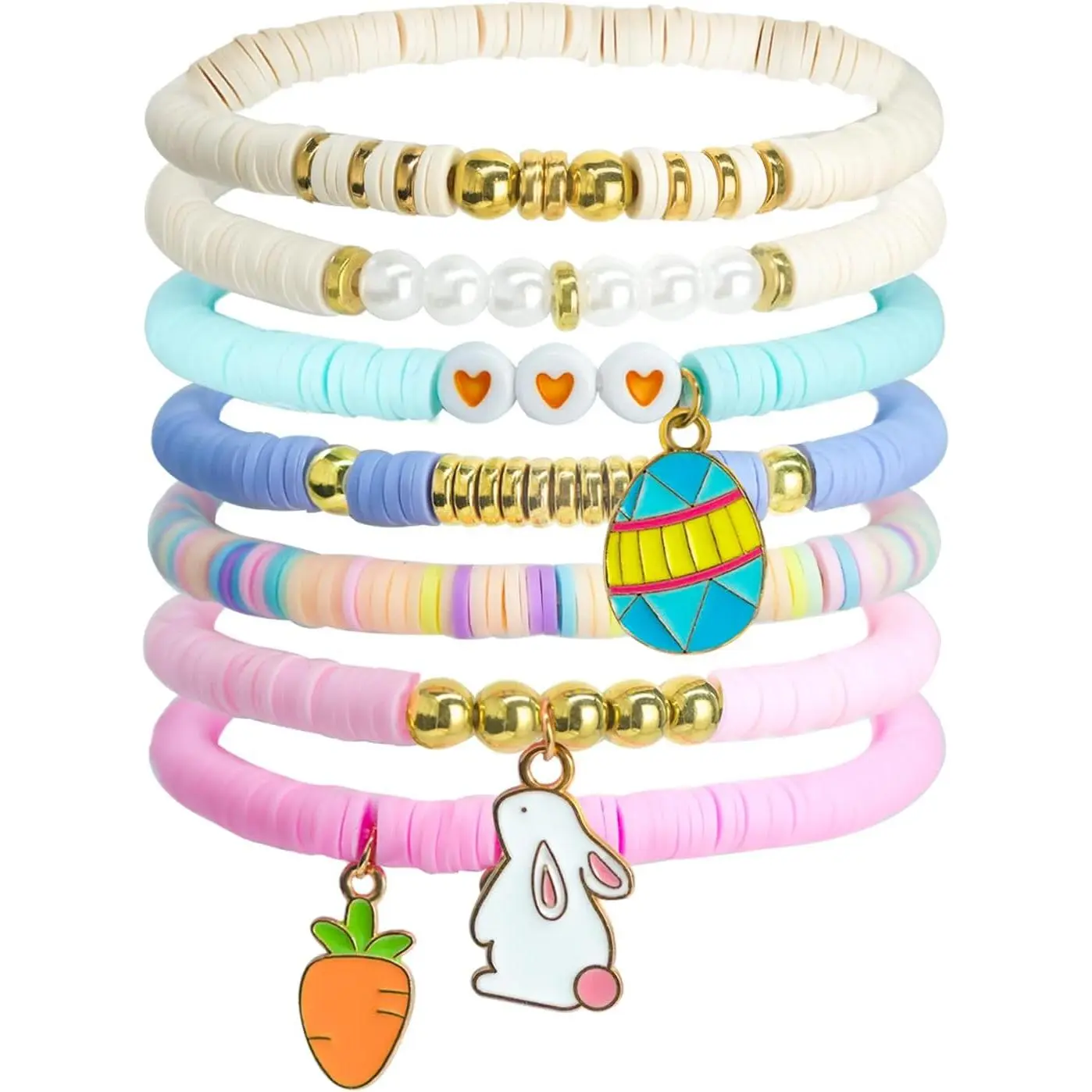 Women's 7-Count Easter Stretch Bracelets Set, Polymer Clay Beads, Bunny-Carrot-Egg Charms, Pastel Preppy Stackable, Water Resistant, Easter Gifts for Spring