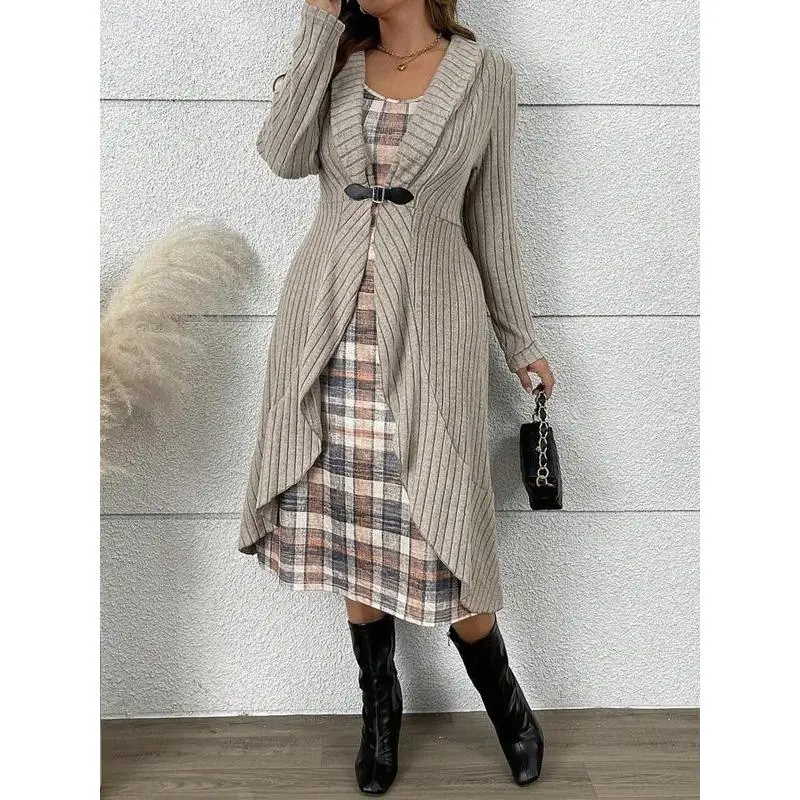 Women's Ribbed Asymmetrical Hem Long Sleeve Jacket & Plaid Print Sleeveless Dress Two-Piece Set, Casual Fall