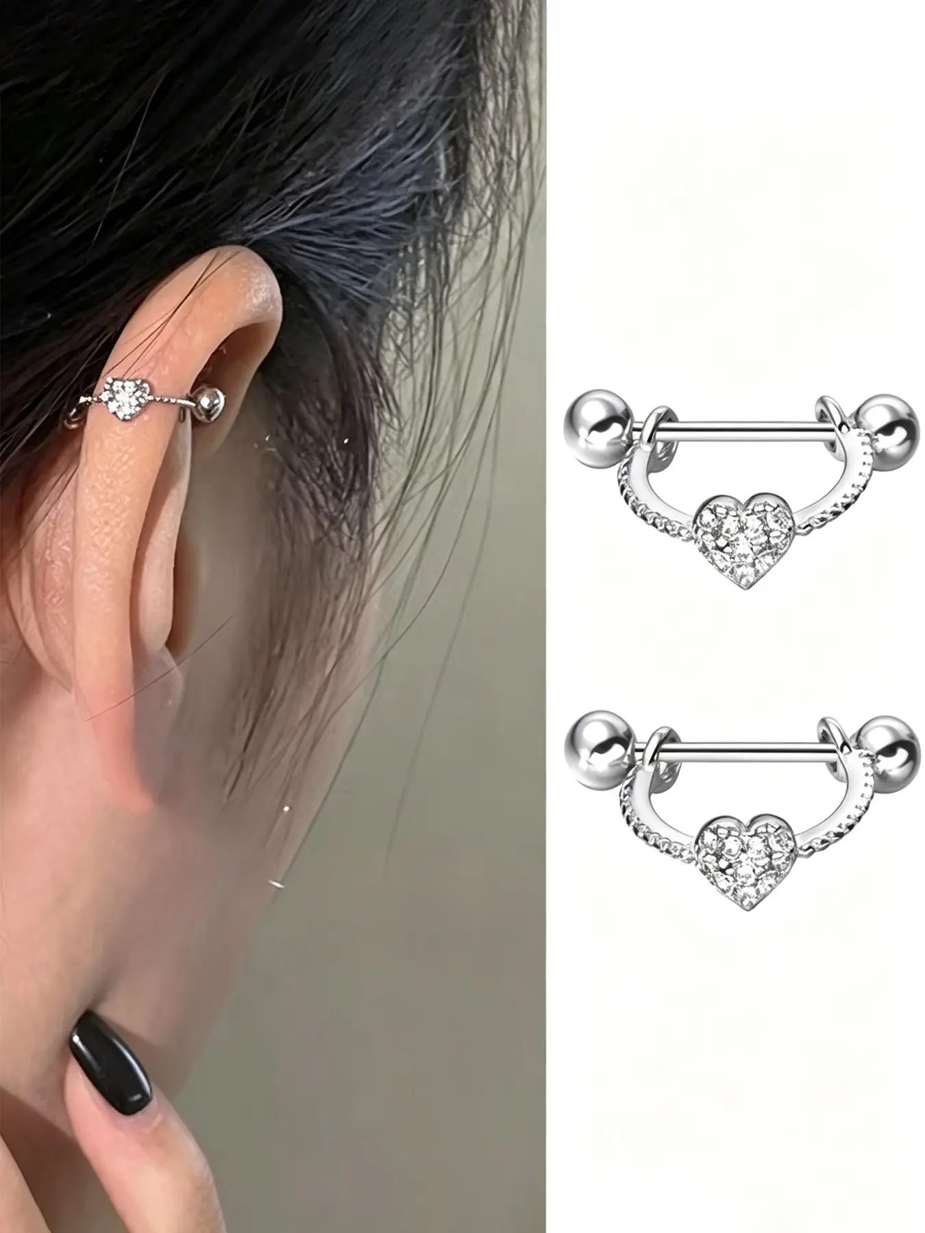 1 Pair Sweet Heart Zircon Cartilage Piercing Earring, Curved U Bar Screw Ball Ear Stud, Versatile Helix Pierced Ring Ear Decoration