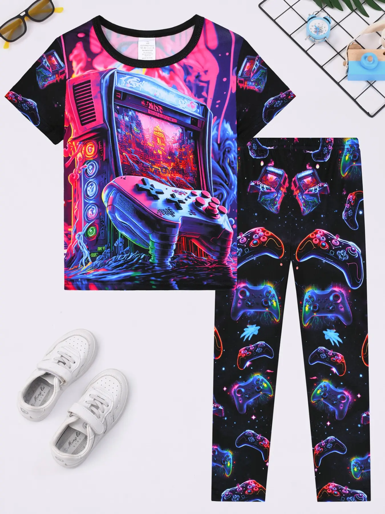 Boy Short Sleeve Long Pants Pajama Set, Game Controller Print, Cute Comfortable Home Wear, 2 Piece Set, All Seasons, Cartoon Print Pajama