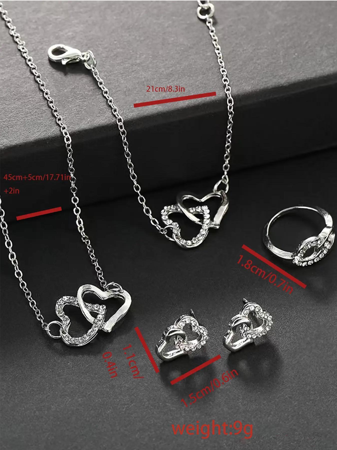 Mother's Day Gift Rhinestone Decor Hollow Out Heart Design Jewelry Set, Elegant Necklace & Bracelet & Earrings & Ring Set, Fashion Exquisite Matching Jewelry Set for Women's Gift, Valentine's, Jewellery Gift Set