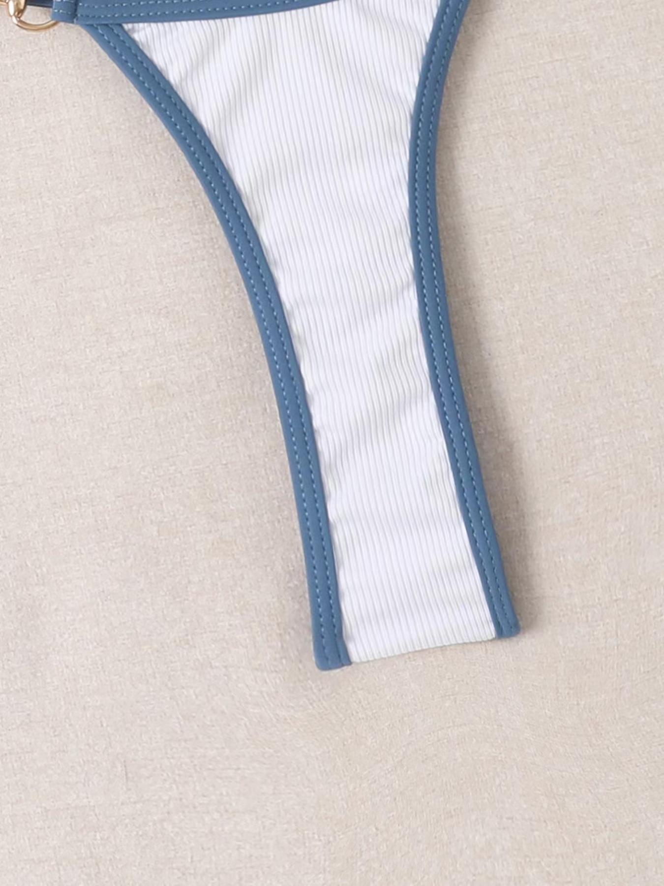 Women's Contrast Binding Chain & Faux Pearls Decor Bikini for Summer 2024, Halter Neck Triangle Bikini Swim Top & Swim Thong, Ladies Summer Swimsuit, Ribbed Triangle Bikini Triangle Underwear, Bikinis Sets