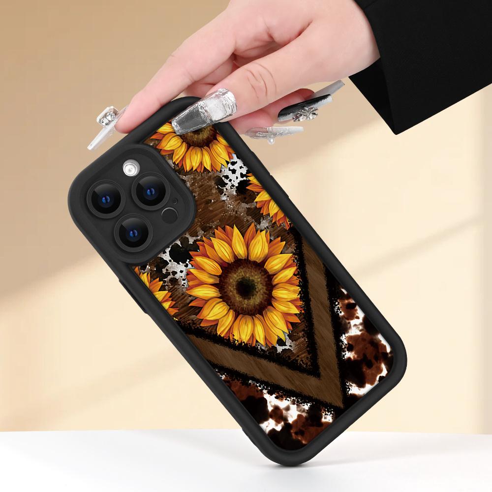 Creative - Western Leopard Print And Sunflower - for Iphone 16/15/14/13/12/11 XS XR X Plus Pro Max - Black TPU Soft Case, Provides Shockproof Protection, It Is a Good Gift for You to Give As a Gift/For Your Boyfriend Or Girlfriend/Christmas/Winter.