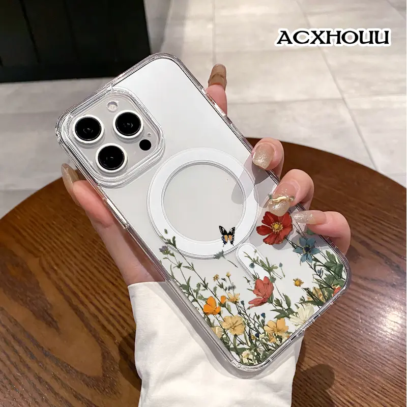 Vintage Wildflower Butterfly Sketch Magnetic Trendy Case for iPhone 17 16 E Pro Max 15 Plus 14 13 12 11 XS XR, Minimalist Print | Silicone, Shockproof, Cute, Stylish, and Protective